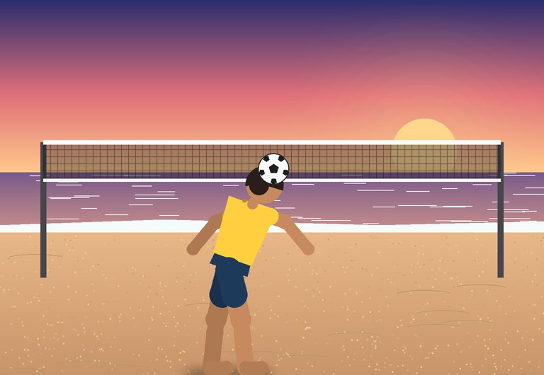 A footvolley player controls the ball with the chest
