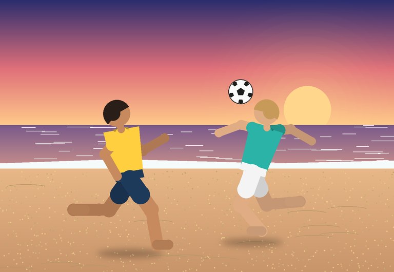 Two players on a beach at sunset