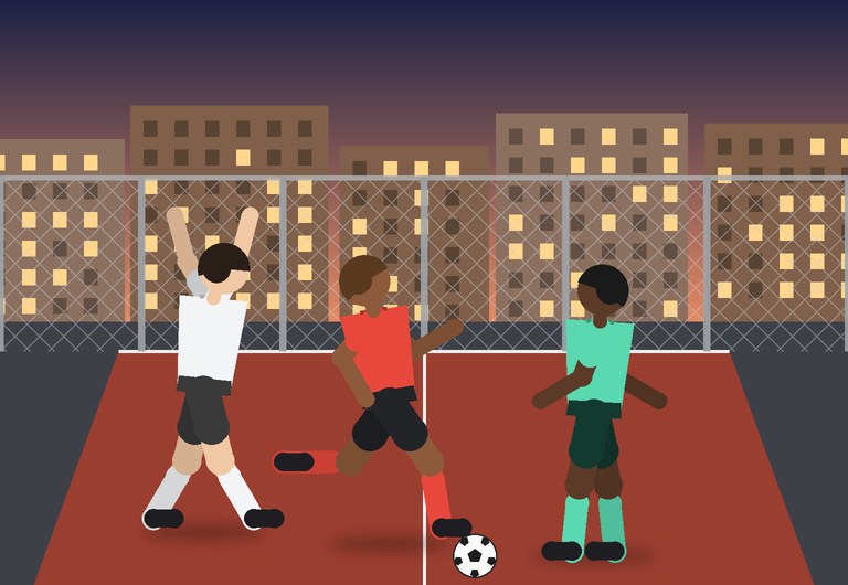 Players celebrate in a street court in the evening